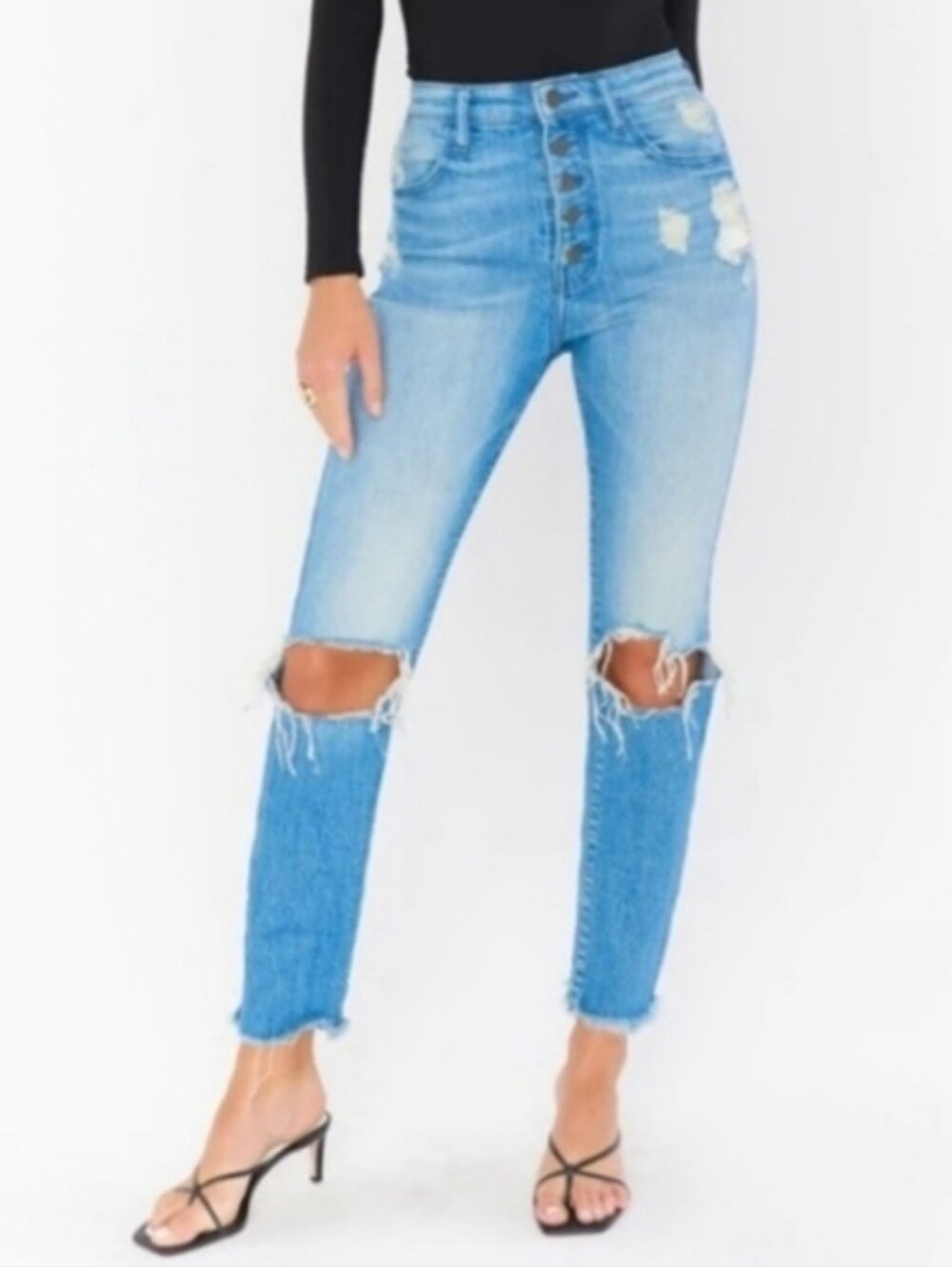 Show Me Your Mumu Soho Button Up Skinny Jeans Distressed High Rise Denim, 26